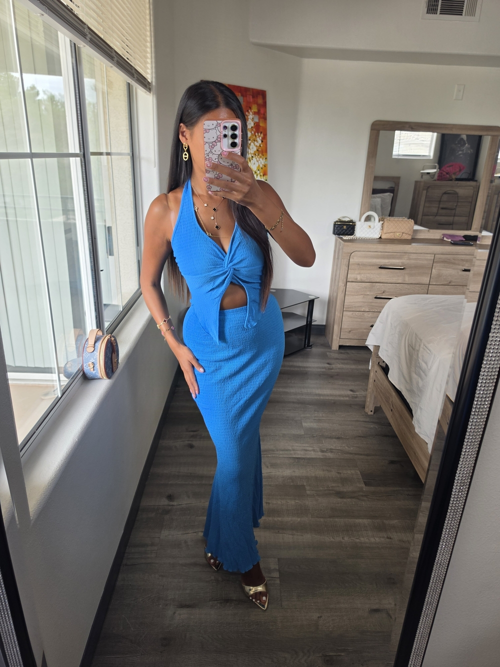Zara Electric Blue Halter Tie-Front Cutout Maxi Dress